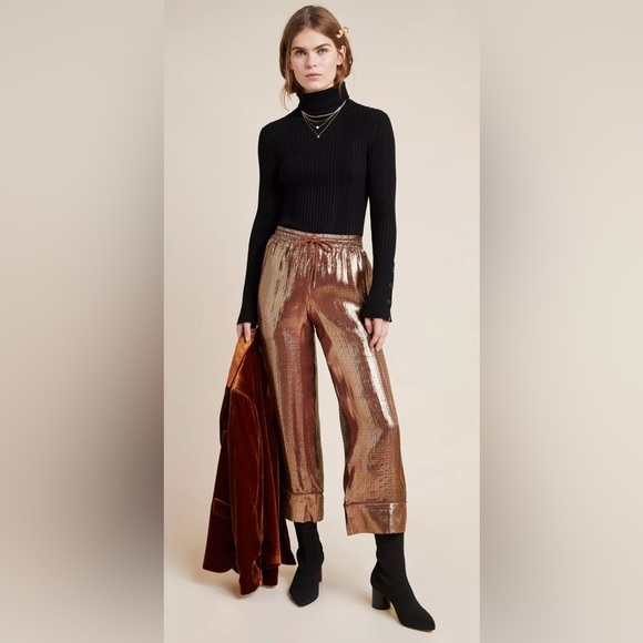Anthropologie Cynthia Rowley Silk Metallic Bronze Pull On Pants Size Medium - Picture 1 of 14